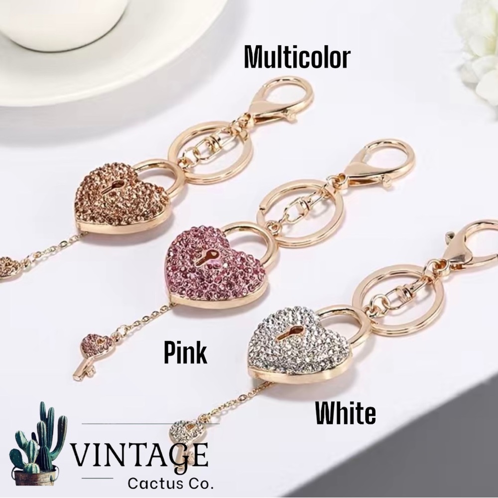 New! Rhinestone Heart Lock & Key Bag Charm/Keychain (Multicolor w/Gold Hardware - Picture 4 of 5